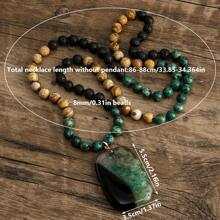 1pc 2025 New Bohemian Style Jewelry, Green & Black Natural Stone Beaded Handmade Knotted Long Necklace/Sweater Chain, Square Black & Green Agate Pendant, Women's Holiday Gift. Natural Stone Handmade, Shape & Color May Vary, Pattern & Color Placement Random