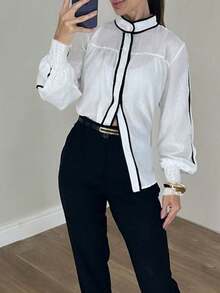 Women Banded Single-Breasted Lantern Sleeve Casual Loose Shirt