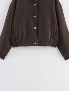 Áo khoác bomber nữ màu nâu mocha dáng rộng, cổ đứng, tay dài, kiểu dáng thường ngày, có túi và cúc phía trước, thích hợp cho mùa xuân và mùa thu. - Màu nâu  Mocha - Xem 7