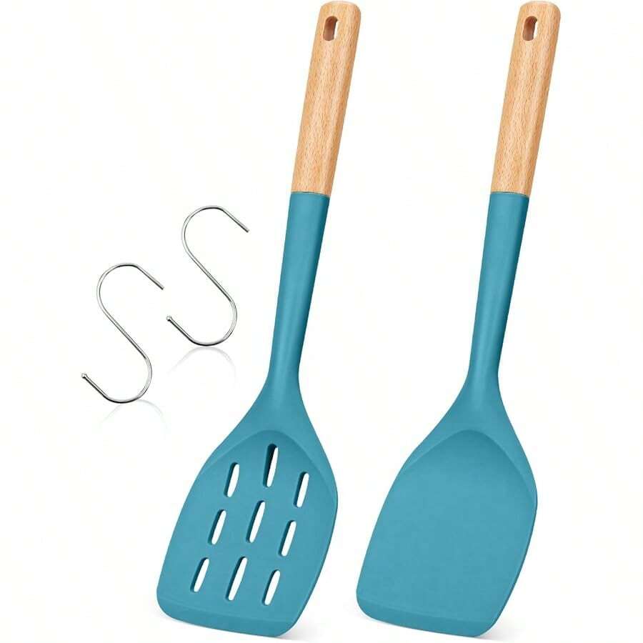 Pack Of 2 Silicone Spatula, Non Stick Cooking Utensil Set Wooden Handle Kitchen Turner For Baking Mixing Grilling Serving Food Heat Resistant Non Scratch Hooks Included (Khaki)