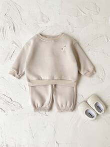 2pcs/Set Baju Bayi Laki-laki Kasual Lengan Panjang Kerah Bulat Bahan Fleece dengan Bordir Bunga, Musim Gugur/Musim Dingin - Aprikot - View 10