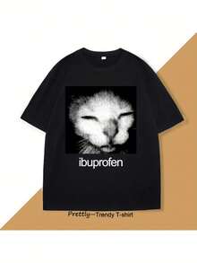 Shu Le Shui Ibuprofen Cat Meme T-Shirt - Funny "Ibuprofen" Graphic Tee, White Crewneck Shirt For Men & Women, Lightweight Summer Streetwear, Casual Everyday Outfit For Adults, Cat Tshirt, Relaxed Fit Shirt, Playful Design, Breathable Fabric, Unisex Apparel, Humor Lovers, Street Fashion, Soft Material, Printed Top, Humor Enthusiasts - 黑色 - 查看 2