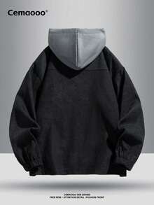 Men's Long Sleeve Casual Minimalist Pocket Letter Patch Fashionable Loose Versatile Two Side Oblique Pockets & Elastic Cuffs & Hem Design Soft Comfortable 2 In 1 Zip-Up Hooded Jacket, Spring/Autumn