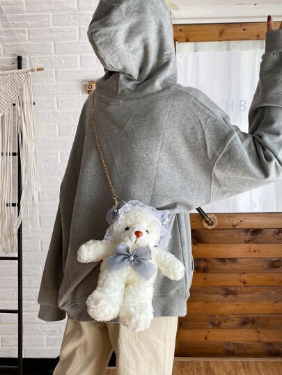 1pc Cute Cartoon Plush Asymmetrical Bear Crossbody Bag With Chain, Bow Decor Furry Bag Suitable For Girls, Party And Daily Shopping