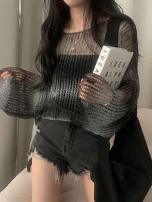 Cropped Knit Sweater For Women, Sexy Cutout Design, Versatile Cold Shoulder Top - Black and White - View 9