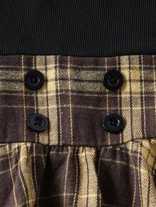 Girls' Oblique Shoulder Long Sleeve Knitted Ribbed Patchwork Plaid Dress, Spring/Autumn