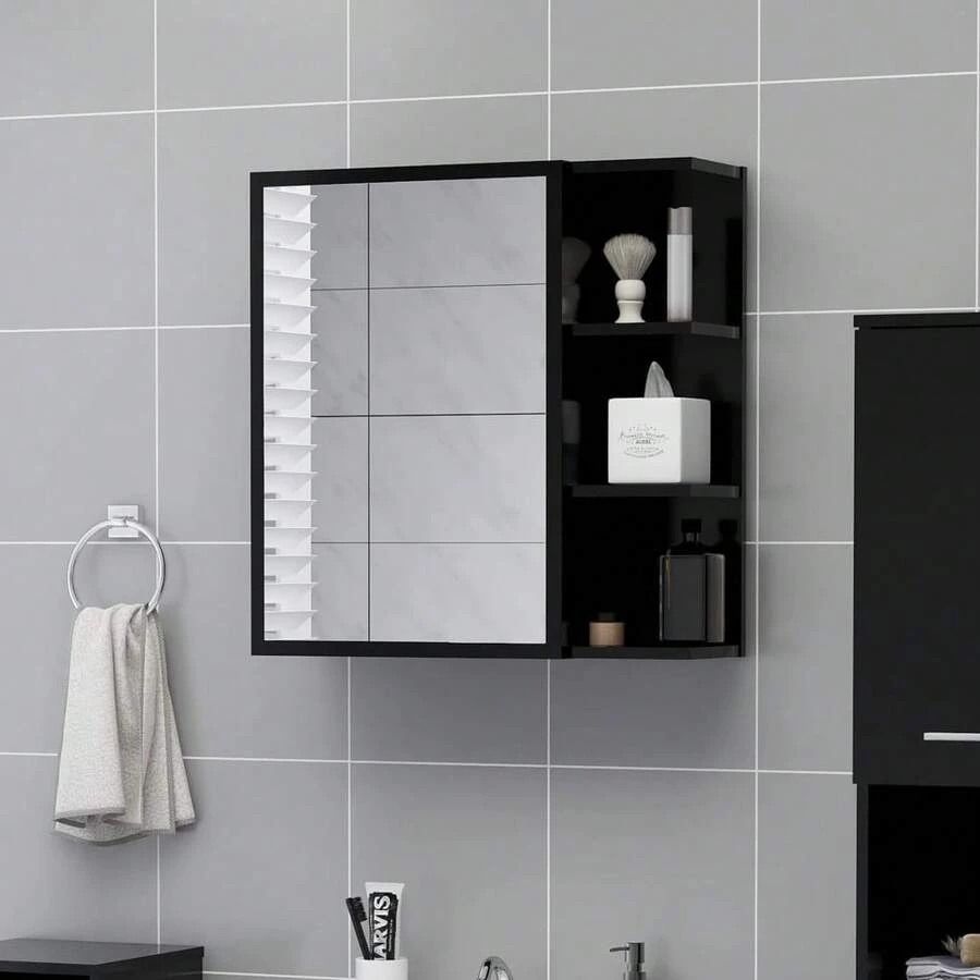 vidaXL Bad-Spiegelschrank Schwarz 62,5x20,5x64 cm Holzwerkstoff - Schwarz - Übersicht 1