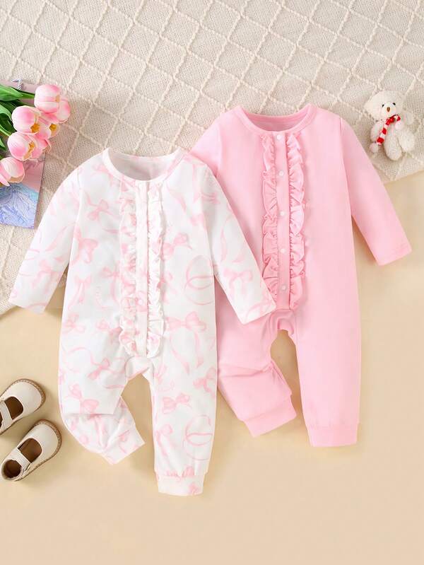Adorable Baby Girls Autumn Winter Comfortable Jumpsuits, Little Infant Fall Winter Casual Jumpsuits Set. Pink Simple Round Neck Ruffle Trim Button Romper, Cartoon Bow Print Round Neck Ruffle Trim Button Jumpsuit