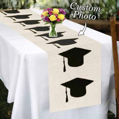 1pc Customizable Linen-Like Table Runner, Printed With Your Photo And Text - Vibrant Printing, Suitable For Indoor Kitchen, Dining Table Decor, Party, Anniversary, Holiday, Graduation