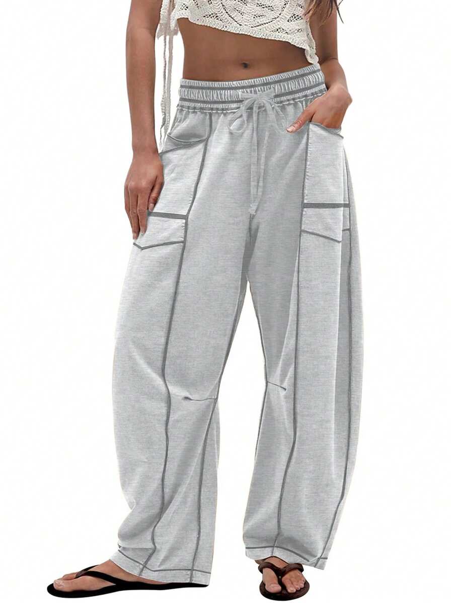 Women's Barrel Leg Sweatpants High Waisted Wide Leg Athletic Pants With Drawstring, Casual Loose Fit Lounge Sweatpants For Women, Yoga Baggy Joggers - 淺灰色 - 查看 1
