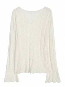 V领镂空针织长袖宽松休闲轻薄罩衫 - 杏色 - 查看 6