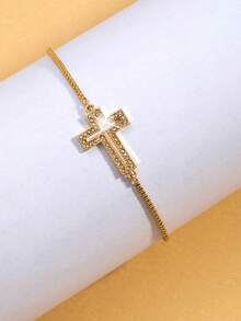 Cubic Zirconia Cross Decor Bracelet, Minimalist And Fashionable - Yellow Gold - View 4