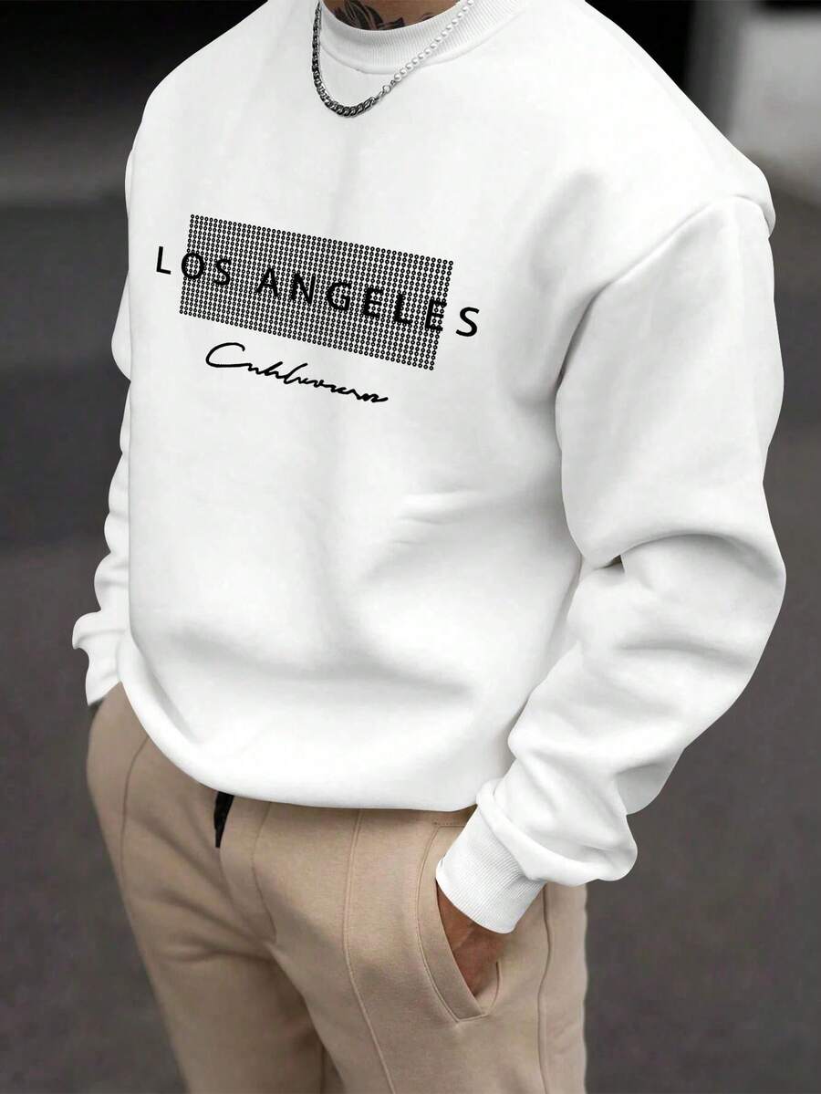 Men's Letter Graphic Crew Neck Loose Fit Casual Sweatshirt, Spring/Autumn, Long Sleeve Top - White - View 1