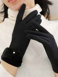 新款保暖手套女秋冬毛绒加厚户外骑行防风手套触屏纯色休闲聚酯纤维（涤纶）不带帽运动秋冬