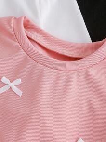 Chatreadl Blusa de manga comprida com acabamento em renda para meninas, 3 peças, design casual com laço, roupa versátil para atividades ao ar livre, primavera/outono