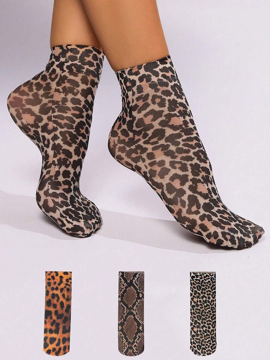 3 Pairs Leopard Print Short Socks, Thin Summer Socks, Elastic Comfortable Breathable - Multicolor - View 1