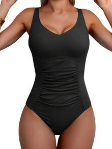 Traje de baño de una pieza con diseño fruncido y control de abdomen - Acanalado, negro - Ver 1