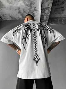 Plus Size Men's Demon Skeleton Wing Graphic Round Neck Short Sleeve T-Shirt - White - View 3