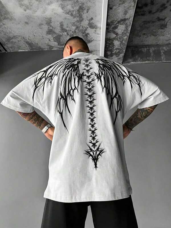 Plus Size Men's Demon Skeleton Wing Graphic Round Neck Short Sleeve T-Shirt