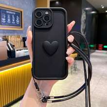 挂绳 + 心形手机壳套装，适用于 16 Pro Max、 11/12/13/14/15/16 Pro Max、S25/S22/23/24+、OPPO、VIVO、Redmi 13C+、Moto G、Redmi NOTE 13C/12/11 PRO、Enjoy/Honor、OPPO - 黑色 - 查看 2