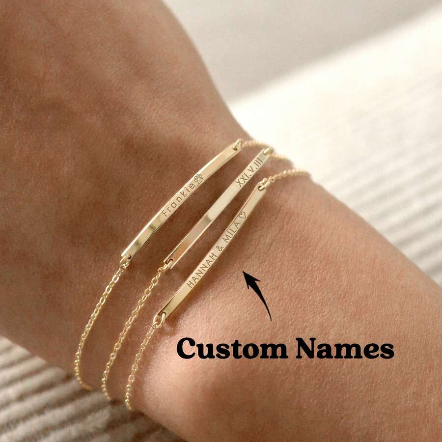 Elegant Minimalist Narrow Bracelet, Customizable With Initial, Roman Numerals, Date, Made Of Gold Material, Great Gift - Multicolor 2 - View 1