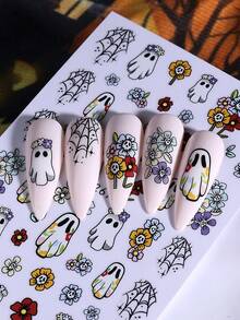Bộ 4 miếng dán móng tay hình bí ngô Halloween, kiểu Gothic bao gồm hình ma, nhện, sao, mèo đen, xương, trang trí móng tay 3D trượt, thích hợp cho mùa thu và các dịp lễ hội. - Nhiều màu - Xem 9