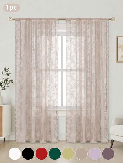 1pc Solid Color Polyester Floral Lace Sheer Curtain, Semi-Transparent Voile Curtain - Provides Privacy, American Transparent Knitted Curtain Suitable For Living Room, Bedroom, Kitchen, Bathroom, Home Decor, Outdoor Decor, Room Decor, Lightweight French Country Solid Color Floral Lace Curtain, Lace Edge Sheer Curtain, Elegant Home Cozy Curtain