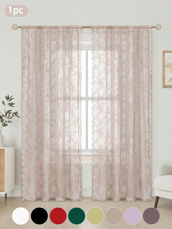 1pc Solid Color Polyester Floral Lace Sheer Curtain, Semi-Transparent Voile Curtain - Provides Privacy, American Transparent Knitted Curtain Suitable For Living Room, Bedroom, Kitchen, Bathroom, Home Decor, Outdoor Decor, Room Decor, Lightweight French Country Solid Color Floral Lace Curtain, Lace Edge Sheer Curtain, Elegant Home Cozy Curtain
