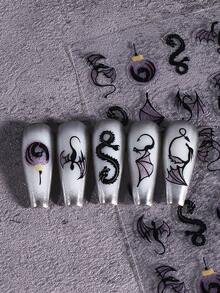 2片亮黑色龙形美甲贴纸，万圣节恐龙翼龙蝙蝠哥特风美甲贴花，自粘式，适用于亚克力指甲，美甲装饰用品 - 彩色 - 查看 5