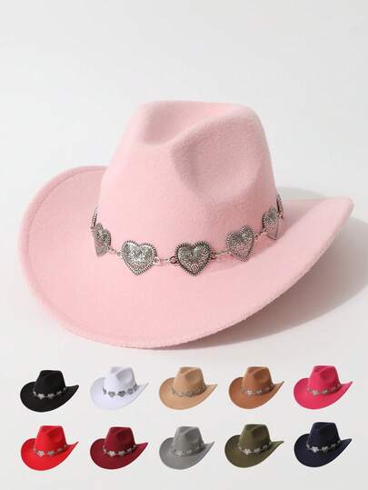 1 buc Pălărie de lână din fetru cu decor de inimă la modă pentru femei, pălărie de cowboy western minimalistă și versatilă, potrivită pentru activități în aer liber, protecție împotriva vântului, umbrire solară, performanță în aer liber la modă, petrecere, stil minimalist și versatil unisex