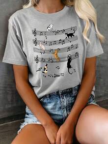 加大码猫咪音乐图案短袖T恤，趣味图案，舒适宽松圆领，是夏季送给朋友的理想休闲礼物 - 灰色 - 查看 6