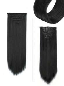 18-32 Inch Straight Clip-In Hair Extensions, 7pcs Set, 16 Clips, Ombre Color, Heat Resistant Fiber, For Women & Girls, Black Long Straight Ombre Hair Extensions, Heat Resistant Fiber, Women Hair Style - Black - View 11