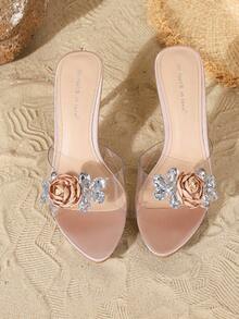 On feet& in love Women's Fashion Elegant Satin Strap Open Toe Slip-On Sandals, Suitable For Wearing With Dresses, Low Vamp, Fine High Heels, Summer - Champagne - View 5