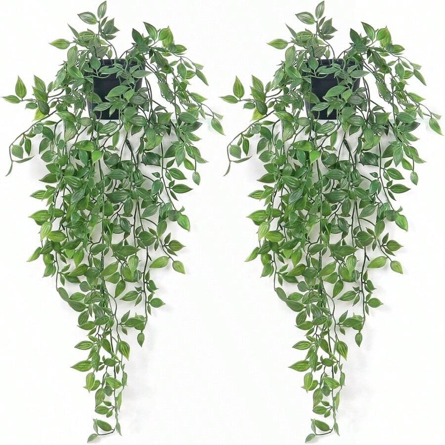 2pcs Artificial Hanging Plants Fake Small Potted Plants Faux Mandala Vines Plastic Greenery Plants For Living Room Shelf Tabletop Decor - Green - View 1