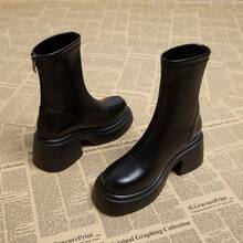2025 Autumn/Winter Classic Round Toe Chunky Heel Back Zipper Women's Boots, Versatile For Street, Business, Party, Wedding, Nightclub, Campus
