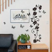 1 Conjunto Adesivos de Parede com Floral Preto, Vinha e Borboleta, Decoração para Sala de Estar, Quarto