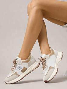 2024 New Women Thick Sole Mesh Sneakers, Colorblock Fashion Chunky Sneakers, Flat Versatile Beige Casual Shoes, All Season - Khaki - View 2