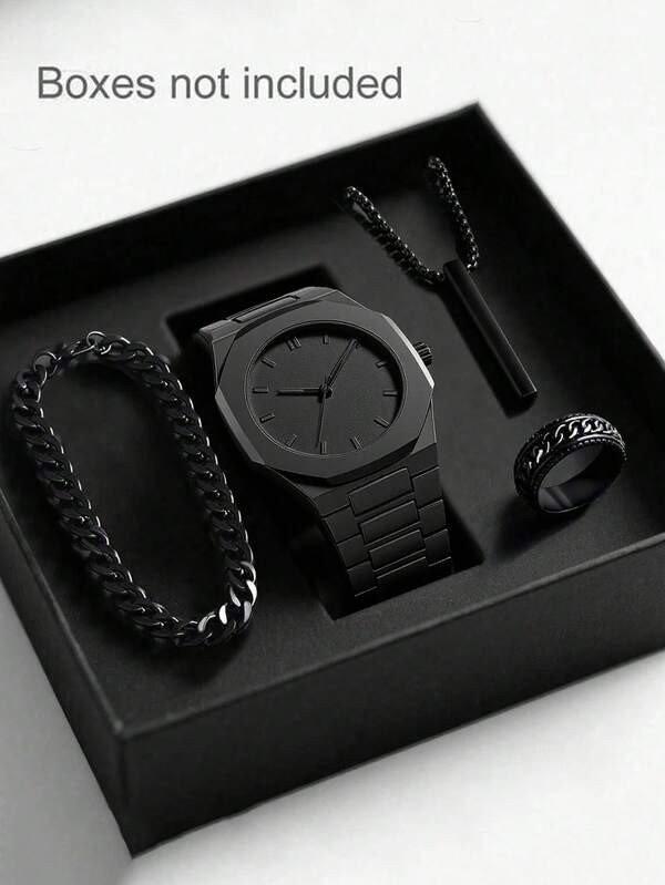 4pcs/Set Versatile Polygon Dial Men's Steel Band Quartz Watch + Hip Hop Chain Bracelet, Ring, Necklace, Suitable For Daily Wear, Halloween, Thanksgiving And Other Holiday Gifts