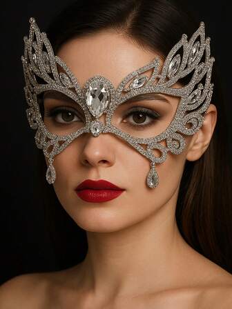 1pc Silver Mysterious Rhinestone Face Mask, Unique Face Chain Jewelry Accessory Suitable For Party, Masquerade Ball, Women