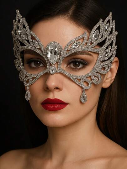1 件银色神秘水钻面罩，独特脸链珠宝配饰，适合派对、化妆舞会、女士