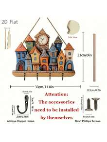 1 件现代木质 2D 平面钥匙扣墙饰，带心形装饰和 4 个挂钩 - 适用于厨房、客厅、卧室、可爱房间装饰的家居装饰