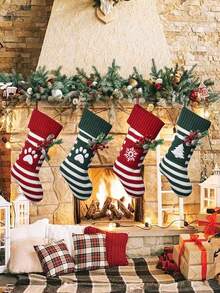 1pc Christmas Stockings Stripe Knitted Christmas Socks Xmas Gift Candy Bag Christmas Tree Fireplace Hanging Sock Winter Holiday Family Party Decorative Stocking Ornaments Home Decor Christmas Decorations Room Decor