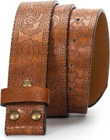 MUGANYI Western Cowboy PU Leather Belt - No Women Waist Strap Bull Decoration Floral Engraved 27 To 39 Waist - 棕色雲層 - 查看 7