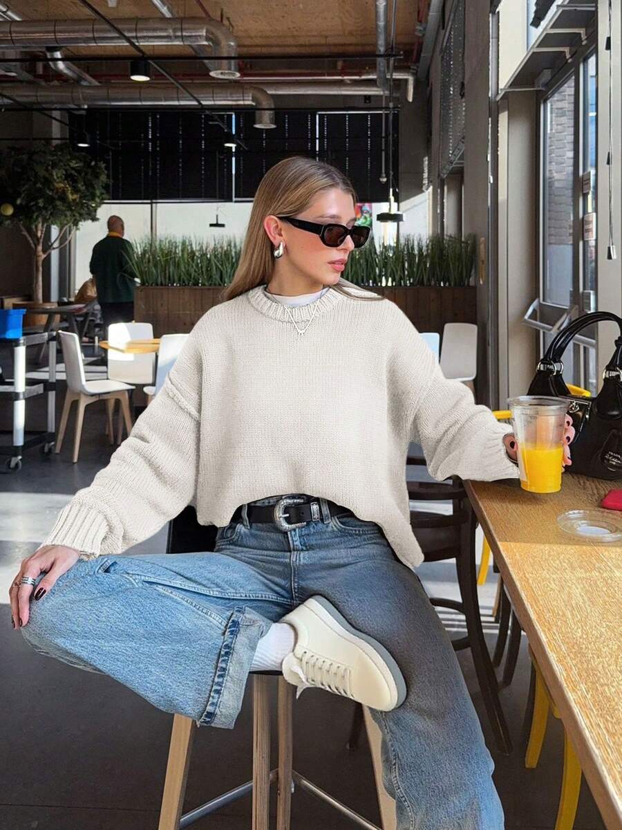 Korean Style Casual Loose Solid Color Round Neck Long Sleeve Versatile Knit Sweater - White - View 1