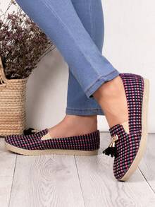 Mocasines casuales para mujer con borlas y diseño geométrico, punta redonda, estilo casual, ideales para oficina y diario, alpargatas planas - Morado - Ver 2