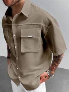 Cămașă bărbătească albă, practică, în stil vintage, cu buzunare 3D, cu rever larg și mânecă scurtă, potrivită pentru vacanță, activități în aer liber și purtare zilnică, cadou de Ziua Tatălui - Kaki - Vizualizare 4