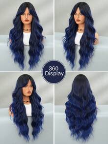 7JHH WIGS Gorgeous 28-Inch Extra Long Wavy Marine Blue Ombre Wig For Women, Fluffy Wave Curly Wigs With Curtain Bangs Dark Roots, Synthetic Fiber Hair Full Machine Hair Dark Blue Wigs For Daily & Music Festival Party Wear, Halloween Cosplay Costume Use All-Match Fashion Accessories - 藏蓝色 - 查看 5