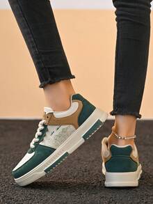 女式新款拼色厚底休闲户外登山鞋，时尚字母树枝图案系带休闲滑板运动鞋