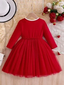 coviviky Vestido de niña con contraste de colores dulces, cuello bordado con flores y volantes, manga larga de malla con parches