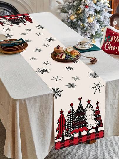 1 pezzo Tappeto da tavolo natalizio con alberi di pino rossi, motivo a quadri rossi e neri con fiocchi di neve, in poliestere rosso e nero, perfetto per la decorazione natalizia della casa e della cucina, decorazione festiva per il tavolo, adatto per interni ed esterni, decorazioni natalizie 2025, 71x13 pollici